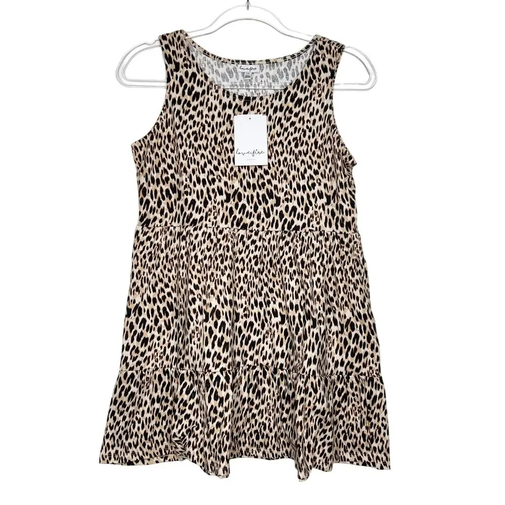 LOVE FIRE Youth Kids Leopard Print Tiered Tank Dress Sleeveless Tan Black Size L